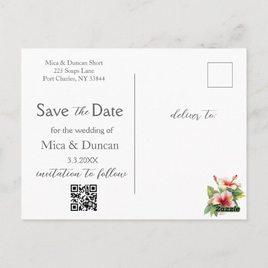 Tropische Hibiscus Bewaar de datum Foto QR Code Briefkaart (Achterkant)