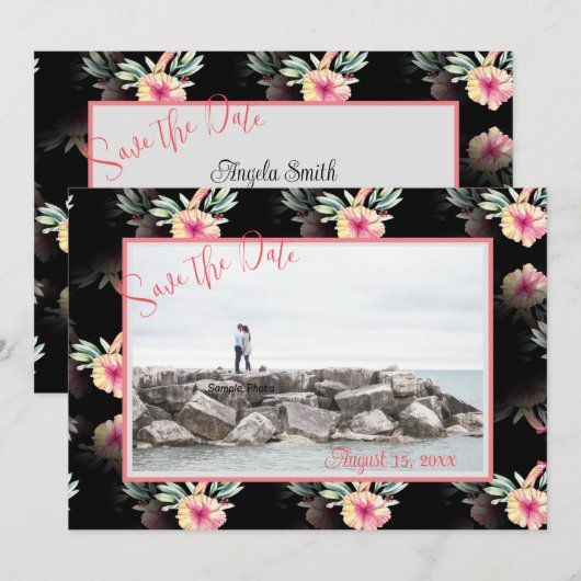 Tropische Hibiscus Black foto Save the Date (Voorkant / Achterkant)