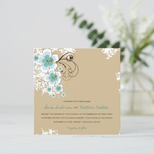 Tropische Hibiscus Blauw Luau Strand Bruiloft Uitn Kaart (Staand voorkant)