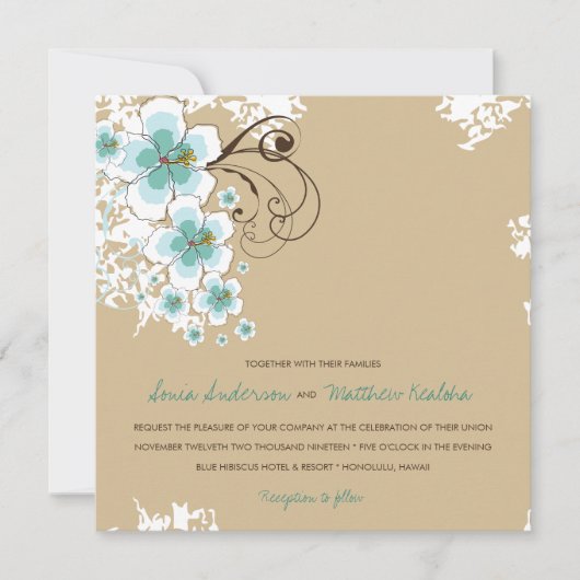 Tropische Hibiscus Blauw Luau Strand Bruiloft Uitn Kaart (Voorkant)