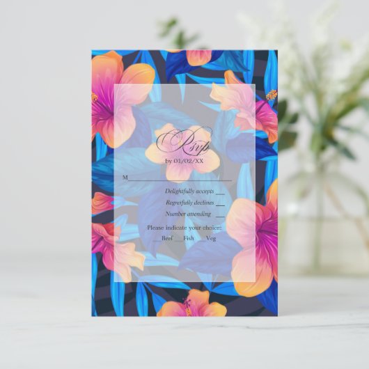 Tropische Hibiscus Blauwe, Oranje en Roze Bloemen RSVP Kaartje (Staand voorkant)