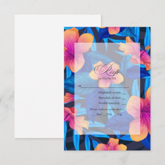 Tropische Hibiscus Blauwe, Oranje en Roze Bloemen RSVP Kaartje (Voorkant / Achterkant)