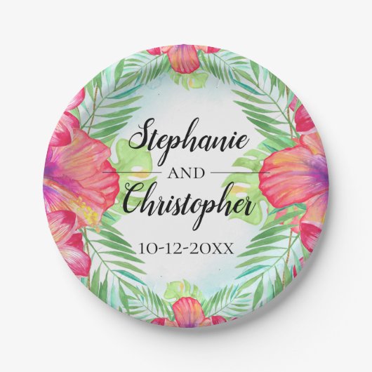 Tropische hibiscus Bloedbad Waterverf strand bruil Papieren Bordje (Voorkant)