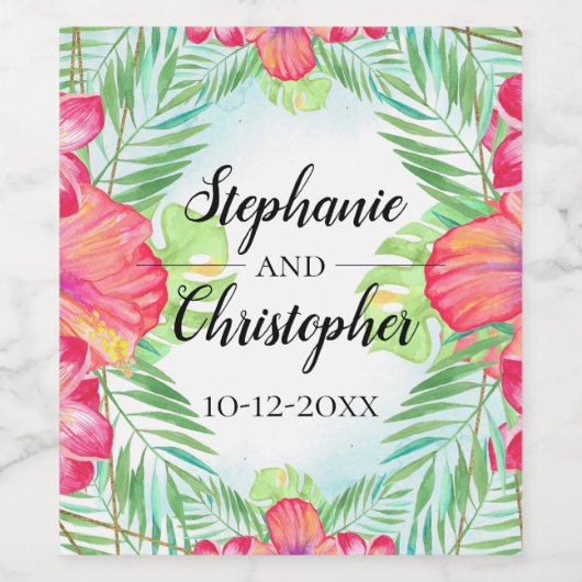 Tropische hibiscus Bloedbad Waterverf strand bruil Wijn Etiket (Enkel label)