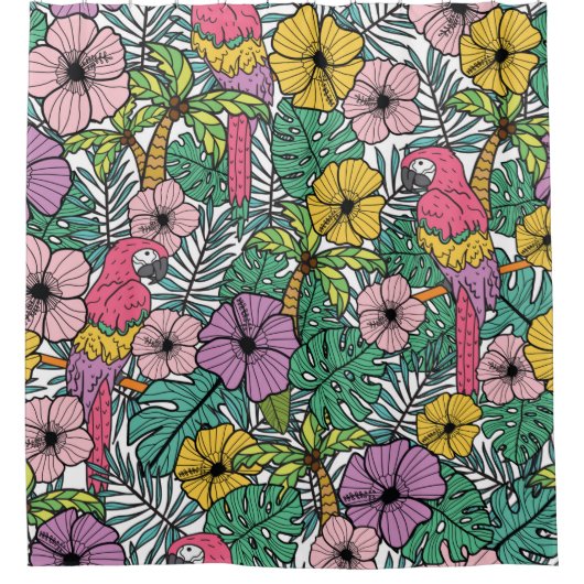 Tropische hibiscus-bloem met palm, papegaaien en e douchegordijn (Voorkant)