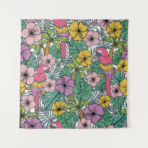 Tropische hibiscus-bloem met palm, papegaaien en e wandkleed