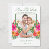 Tropische Hibiscus Bloem Palmenbladeren Bewaar De Save The Date (Voorkant)