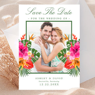 Tropische Hibiscus Bloem Palmenbladeren Bewaar De Save The Date