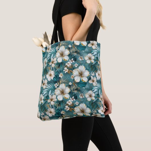 Tropische Hibiscus Bloem Teal Tote Bag (Dichtbij)