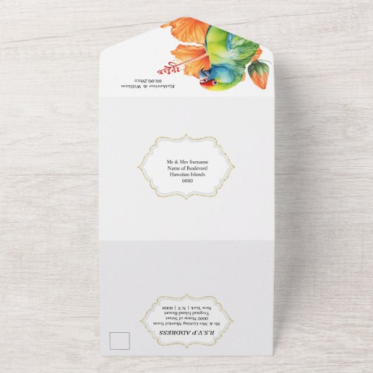 Tropische hibiscus bloem vogel van het paradijs el all in one uitnodiging (Buitenkant)