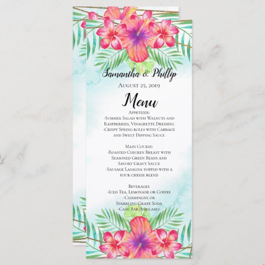 Tropische Hibiscus Bloem Waterverf Strand Menu (Voorkant / Achterkant)