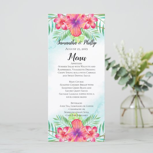 Tropische Hibiscus Bloem Waterverf Strand Menu (Staand voorkant)