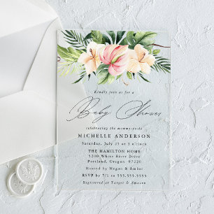 Tropische Hibiscus Bloemen en Bladeren Baby Shower Acryl Uitnodigingen