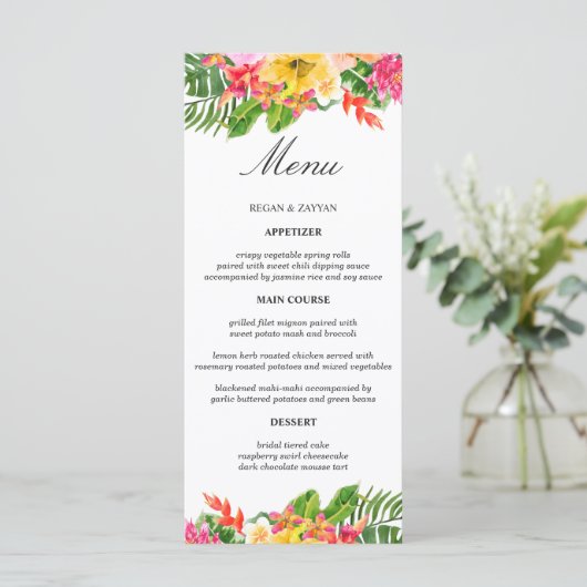 Tropische Hibiscus Bloemen Palmen Huwelijk Menu (Staand voorkant)