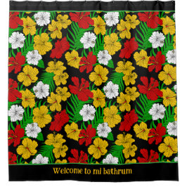 Tropische hibiscus bloemen patroon zwart douchegordijn