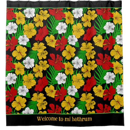 Tropische hibiscus bloemen patroon zwart douchegordijn (Voorkant)
