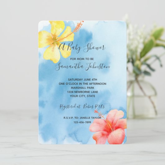 Tropische Hibiscus Bloemen Waterverf Baby shower Kaart (Staand voorkant)