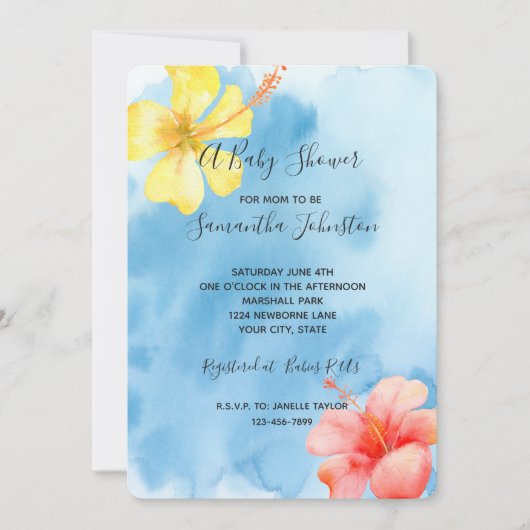 Tropische Hibiscus Bloemen Waterverf Baby shower Kaart (Voorkant)