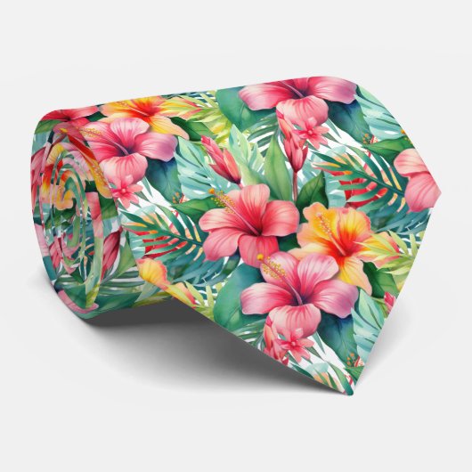 Tropische Hibiscus Bloemen Zomer Stropdas (Opgerold)