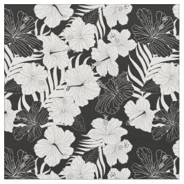 Tropische Hibiscus Bloemen Zwart-wit Patroon Stof