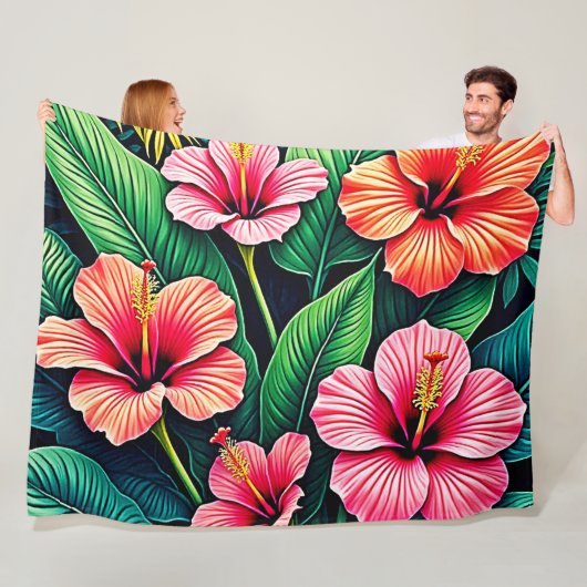 Tropische Hibiscus Bloesem Kunstzinnigheid Fleece Deken (In situ)