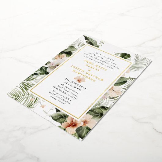 Tropische hibiscus boho bloemenbruiloft folie uitnodiging (Gedraaid)