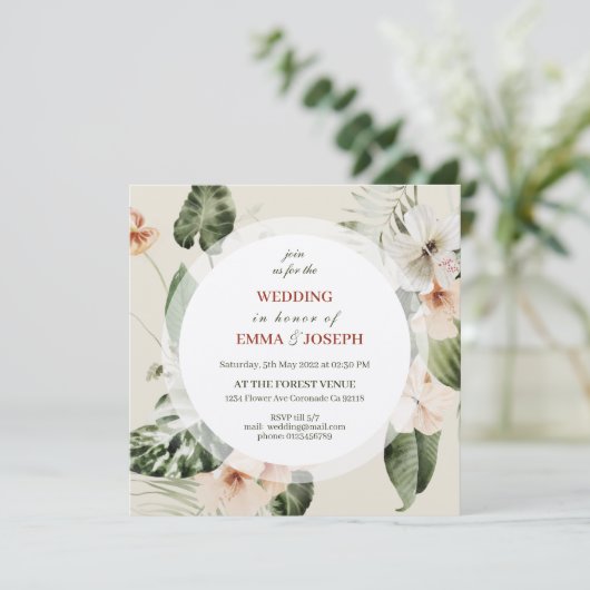 Tropische hibiscus boho pastel bloemenbruiloft kaart (Staand voorkant)