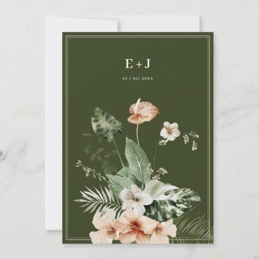 Tropische hibiscus boho pastel bloemenbruiloft kaart (Achterkant)