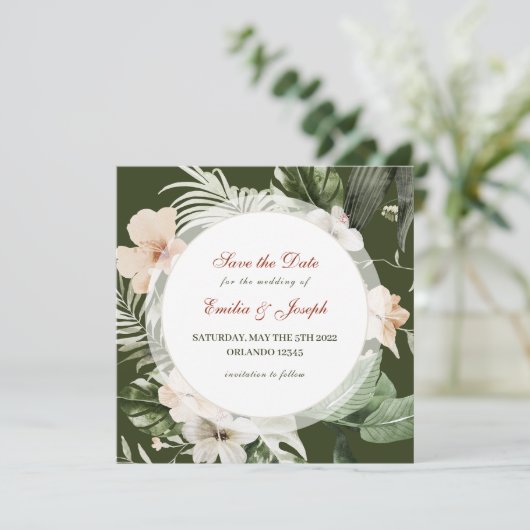 Tropische hibiscus boho pastel bloemig Save the Da Kaart (Staand voorkant)