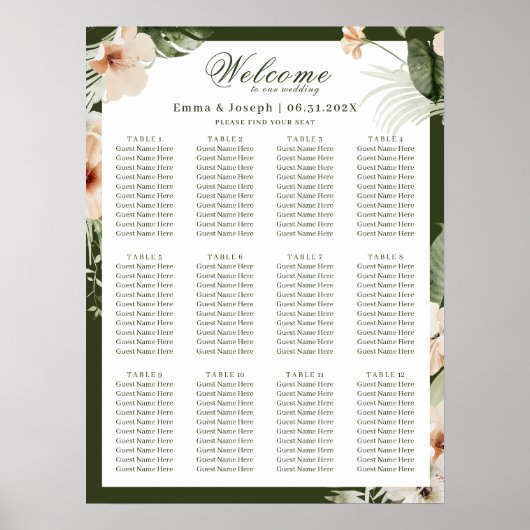 Tropische hibiscus boho pastel bruiloft zitplaatse poster (Voorkant)