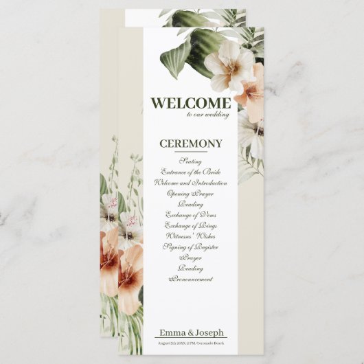 Tropische hibiscus boho pastel huwelijksprogramma programmakaart (Voorkant / Achterkant)