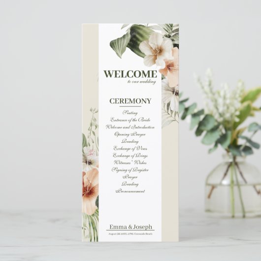 Tropische hibiscus boho pastel huwelijksprogramma programmakaart (Staand voorkant)
