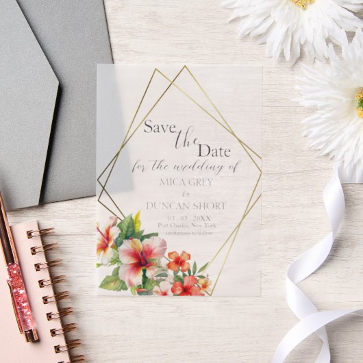 Tropische Hibiscus bruiloft Save the Date Vellum Uitnodigingen (Huwelijk)
