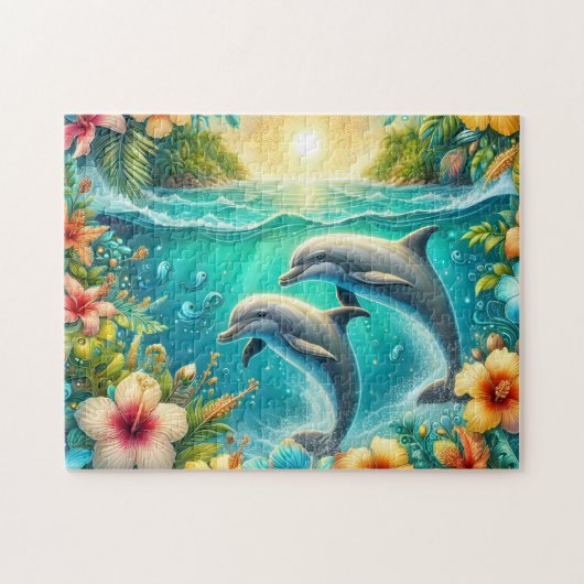 Tropische Hibiscus Dolfijnen Legpuzzel (Horizontaal)