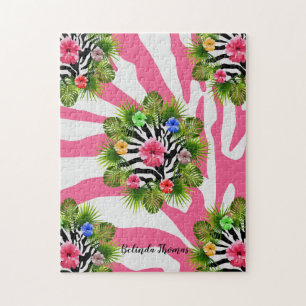 Tropische hibiscus en exotische roze zebra strepen legpuzzel