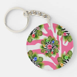 Tropische hibiscus en exotische roze zebra strepen sleutelhanger