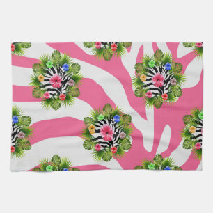 Tropische hibiscus en exotische roze zebra strepen theedoek