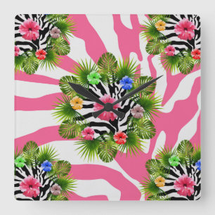 Tropische hibiscus en exotische roze zebra strepen vierkante klok