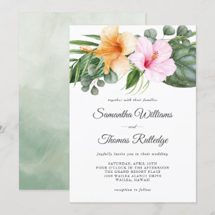 Tropische Hibiscus en gebladerte Waterverf Bloemen Kaart