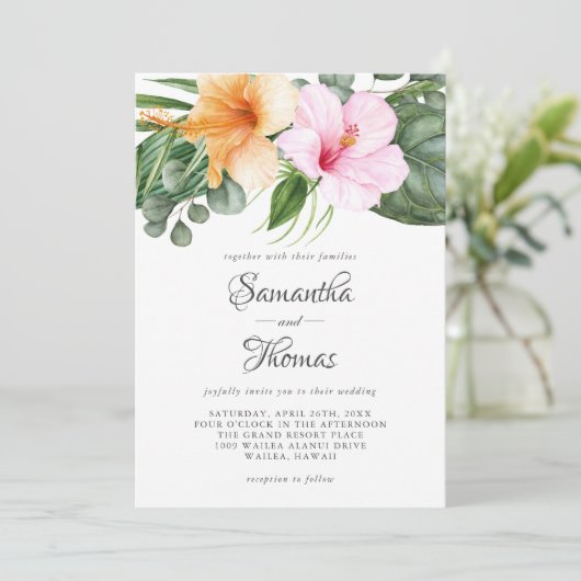 Tropische Hibiscus en gebladerte Waterverf Bloemen Kaart (Staand voorkant)