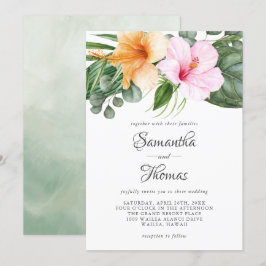 Tropische Hibiscus en gebladerte Waterverf Bloemen Kaart
