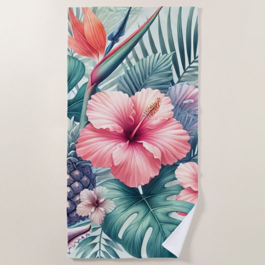 Tropische Hibiscus en Palm Design Strandlaken (Voorkant)
