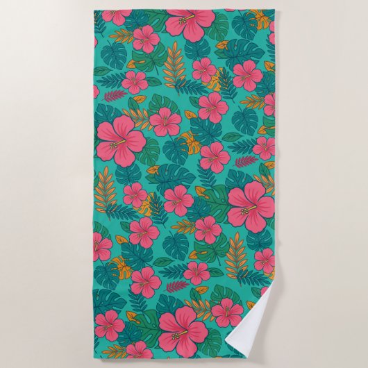 Tropische Hibiscus en Palmblad Patroon Strandlaken (Voorkant)
