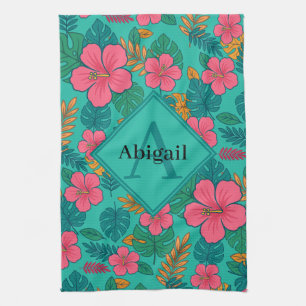 Tropische Hibiscus en Palmblad Patroon Theedoek