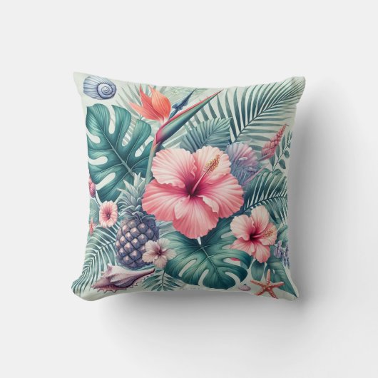 Tropische Hibiscus en palmbladeren Kussen (Voorkant)