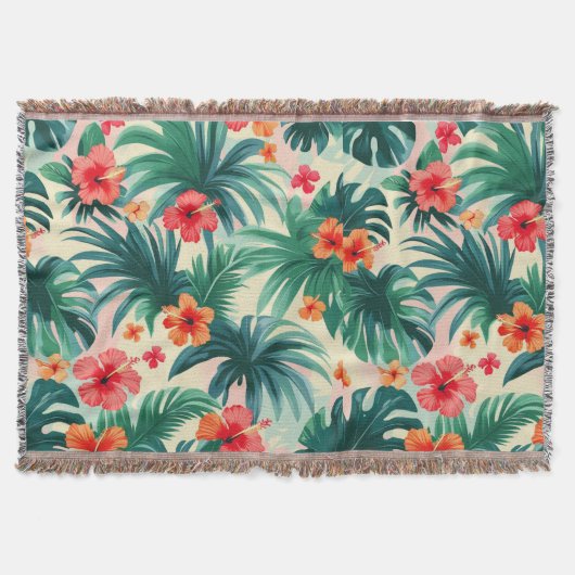 Tropische Hibiscus en Palmbladeren Patroon Deken (Voorkant)