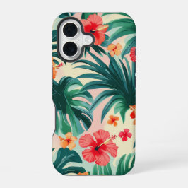 Tropische Hibiscus en Palmbladeren Patroon iPhone 16 Hoesje