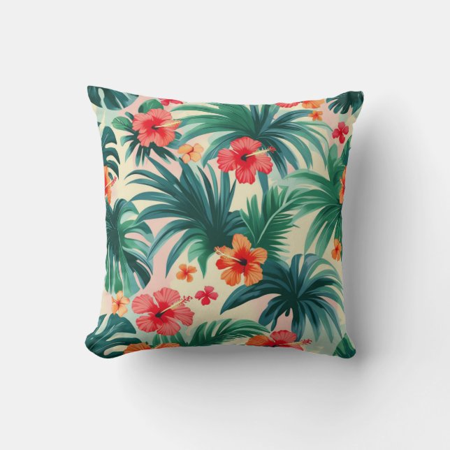 Tropische Hibiscus en Palmbladeren Patroon Kussen (Voorkant)