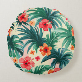 Tropische Hibiscus en Palmbladeren Patroon Rond Kussen