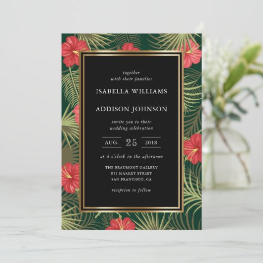 Tropische hibiscus en palmfronta bruiloft kaart (Staand voorkant)